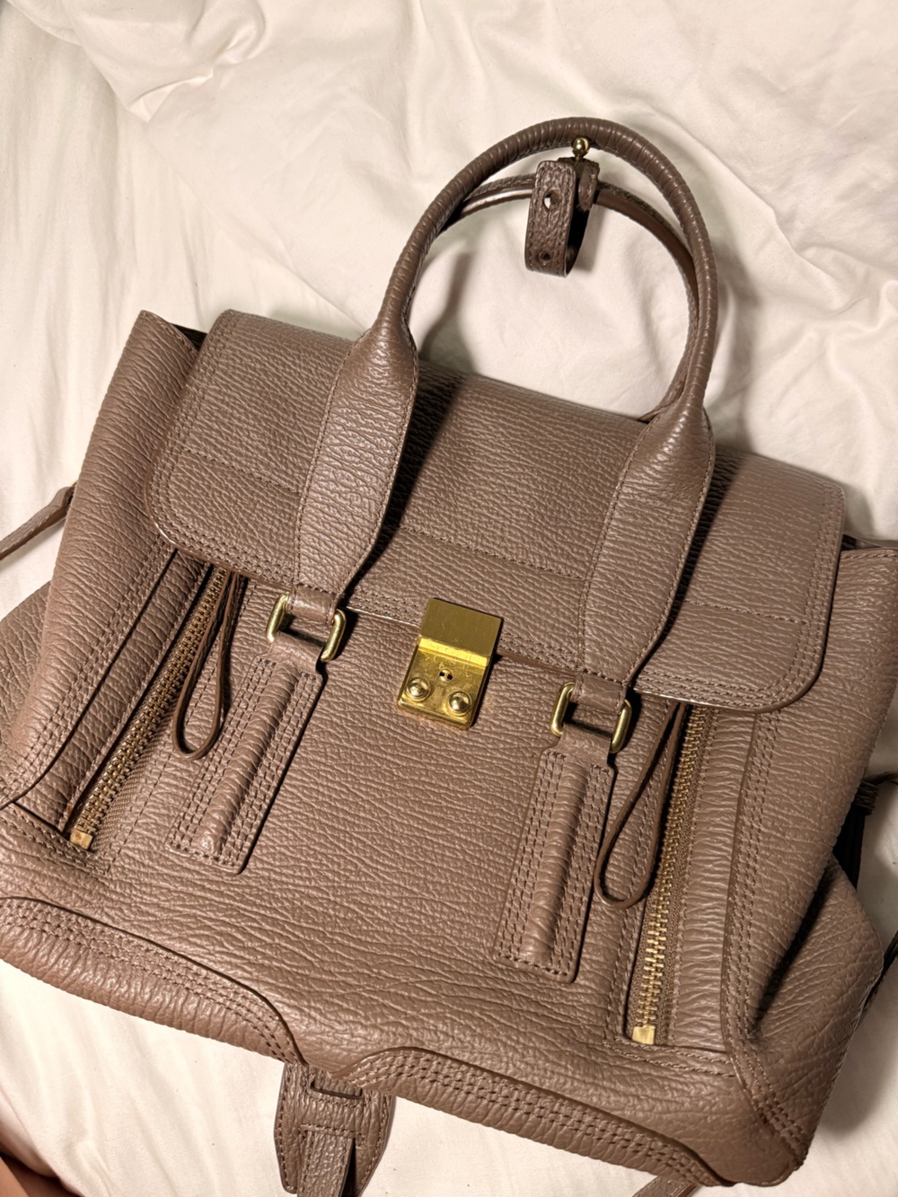 Pebbled Leather Top-Handle Satchel in Taupe